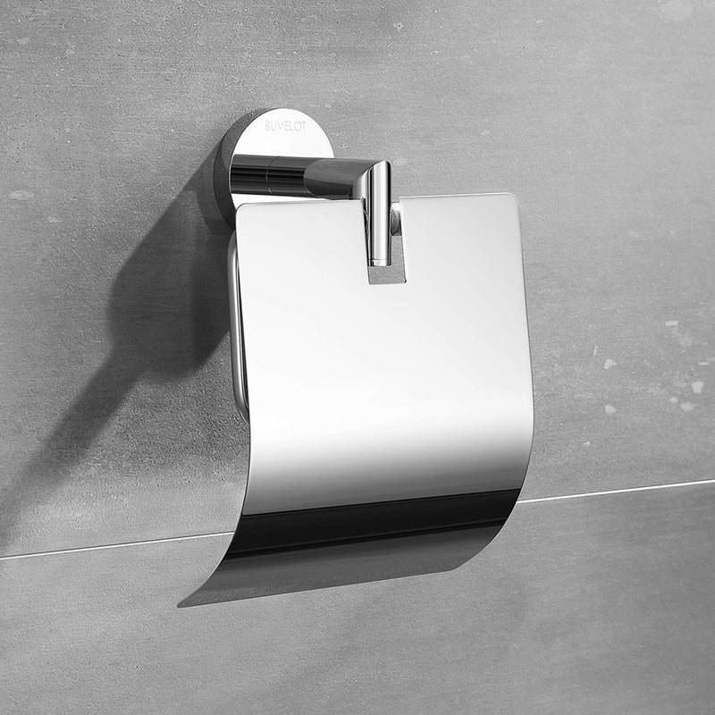 BUVELOT Toilet Paper Holder with Cover, Contemporary Toilet Roll Holder for Bathroom Wall Mounted,Chrome,Brass,077040-CR Leo Series - Image 2